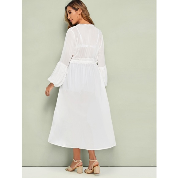 White Waist Tie Drawstring Chiffon Long Kimono - Picture 3 of 6